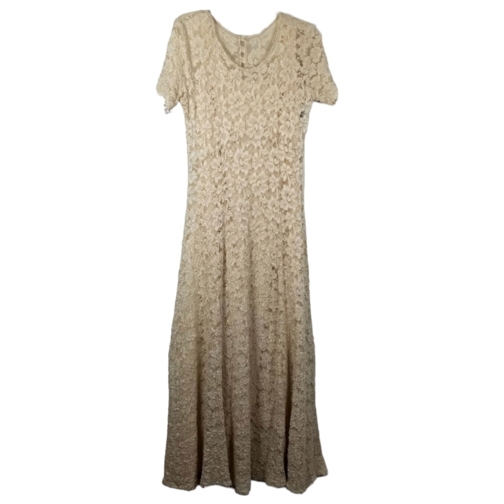 Vintage Michi Dress Maxi Lace Overlay Slip Faux Pearl Button Short Sleeve Fairy